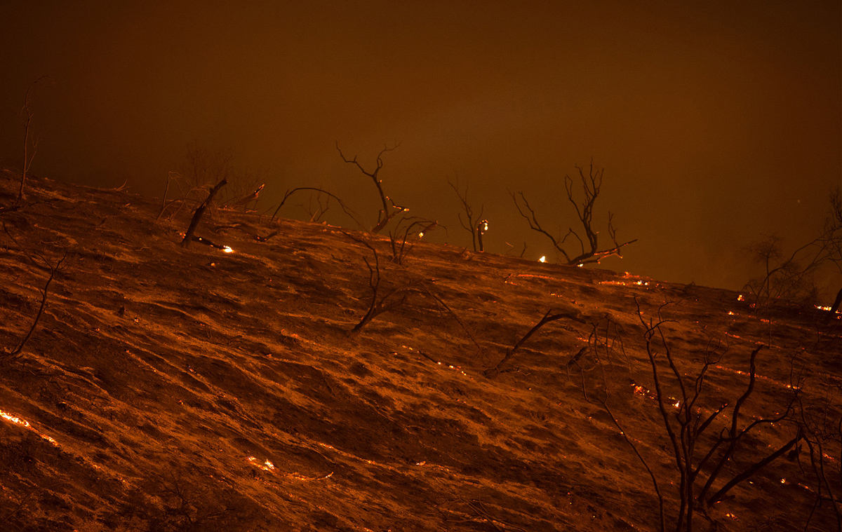 A freshly scorched landscape is seen in the early morning hours of June 18, 2016 at the Sherpa Fire near Santa Barbara, California. A fire in the Los Padres National Forest had expanded to two square miles (five square kilometers) by Thursday, making it the "largest since 2009" in the area, a spokesman for the Santa Barbara County Information Center told AFP. / AFP / DAVID MCNEW (Photo credit should read DAVID MCNEW/AFP/Getty Images)